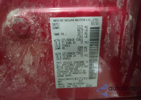 2015 Nissan Rogue Sl из США, поврежденный, VIN 5N1AT2MV4FC827192